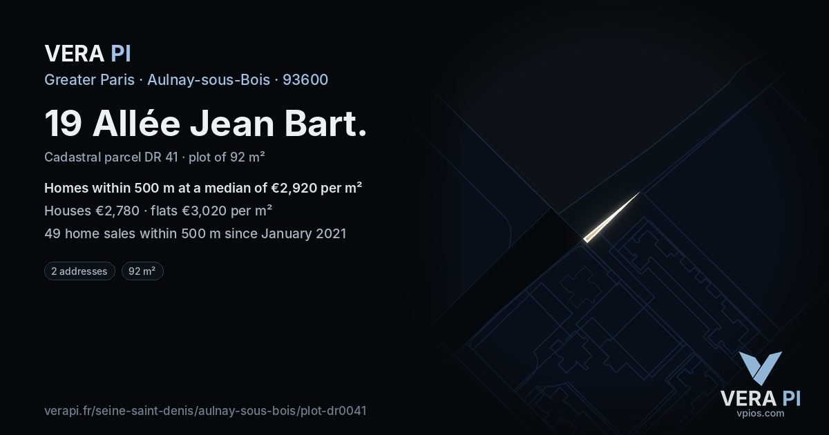 19 Allée Jean Bart, Aulnay-sous-Bois at night – the plot lit, the parcels around coloured by the prices near them
