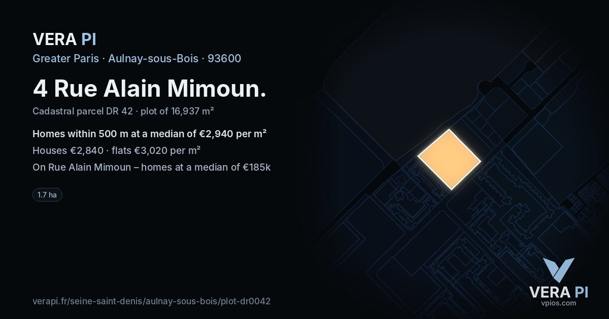4 Rue Alain Mimoun, Aulnay-sous-Bois at night – the plot lit, the parcels around coloured by the prices near them