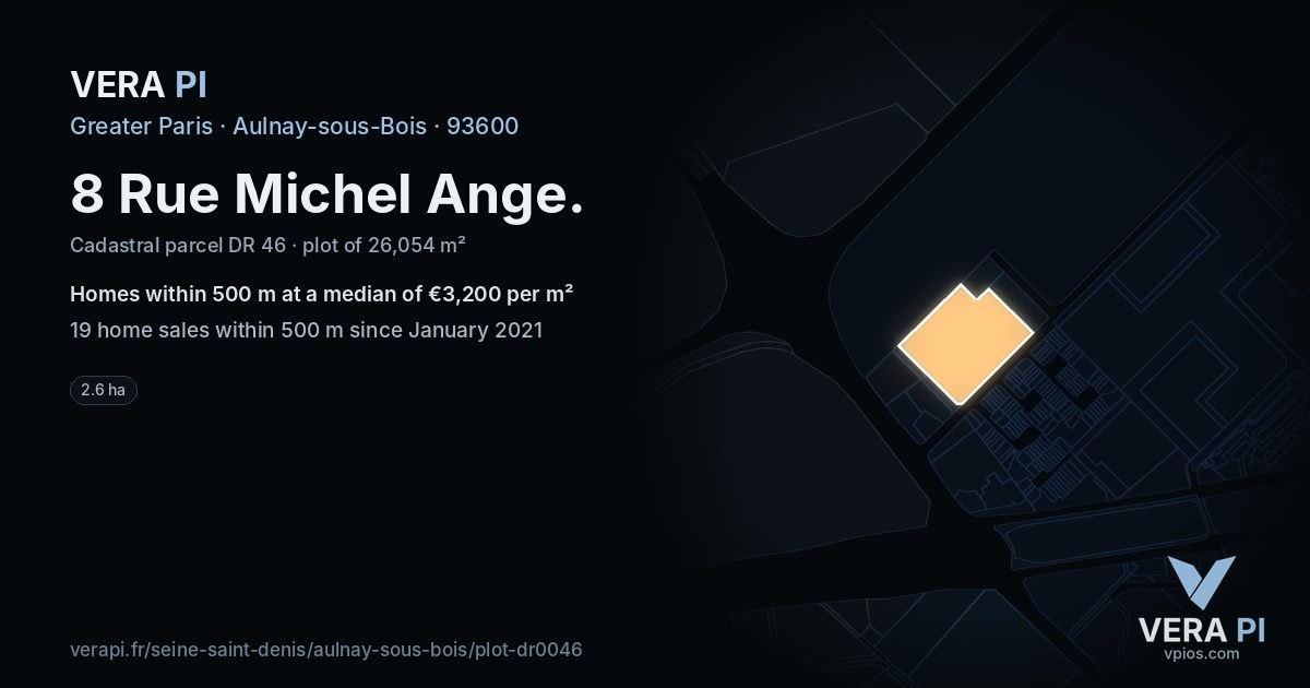 8 Rue Michel Ange, Aulnay-sous-Bois at night – the plot lit, the parcels around coloured by the prices near them