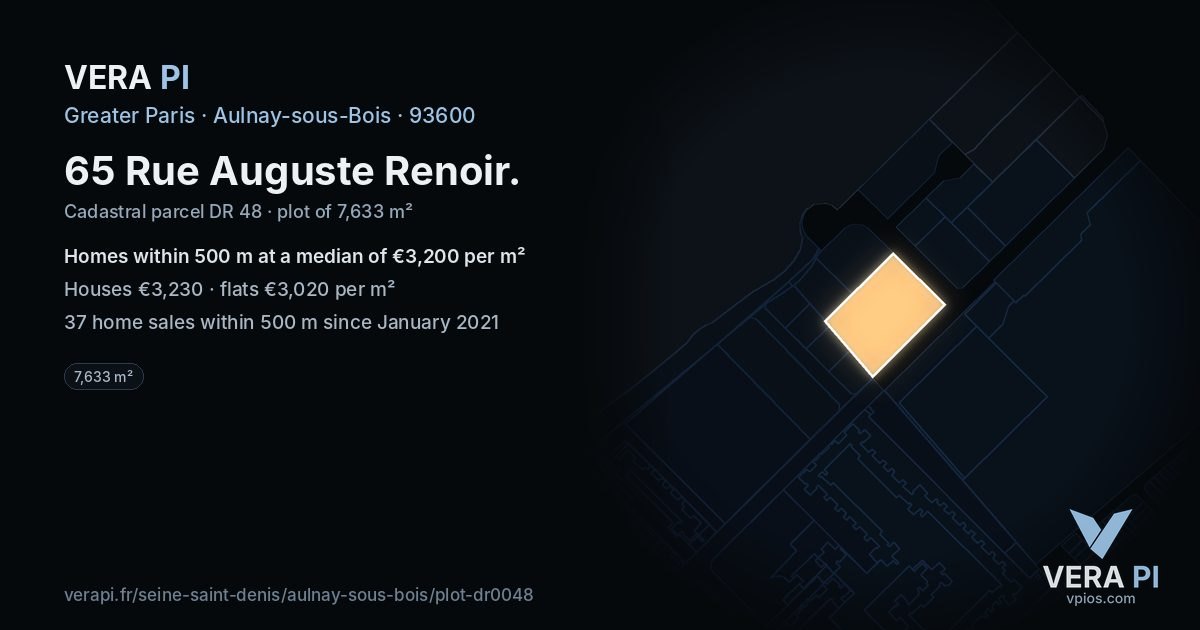 65 Rue Auguste Renoir, Aulnay-sous-Bois at night – the plot lit, the parcels around coloured by the prices near them