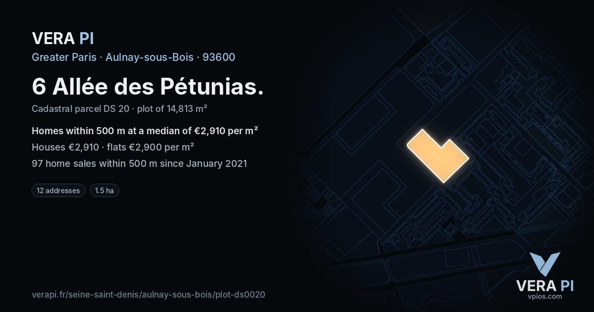 6 Allée des Pétunias, Aulnay-sous-Bois at night – the plot lit, the parcels around coloured by the prices near them