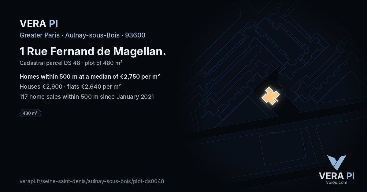 1 Rue Fernand de Magellan, Aulnay-sous-Bois at night – the plot lit, the parcels around coloured by the prices near them