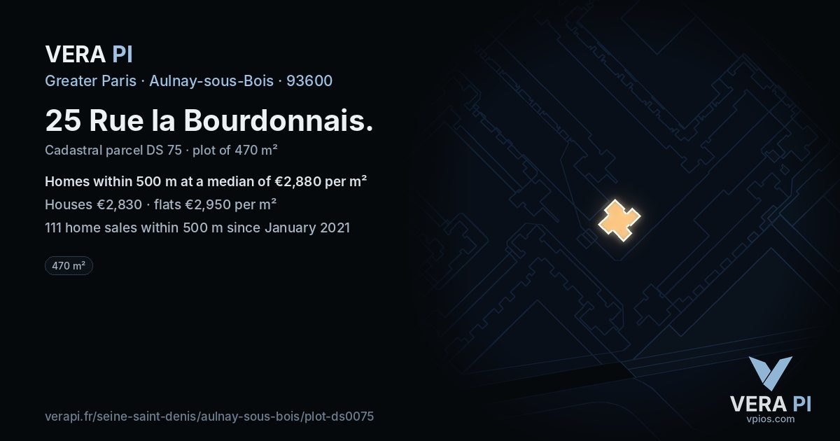 25 Rue la Bourdonnais, Aulnay-sous-Bois at night – the plot lit, the parcels around coloured by the prices near them