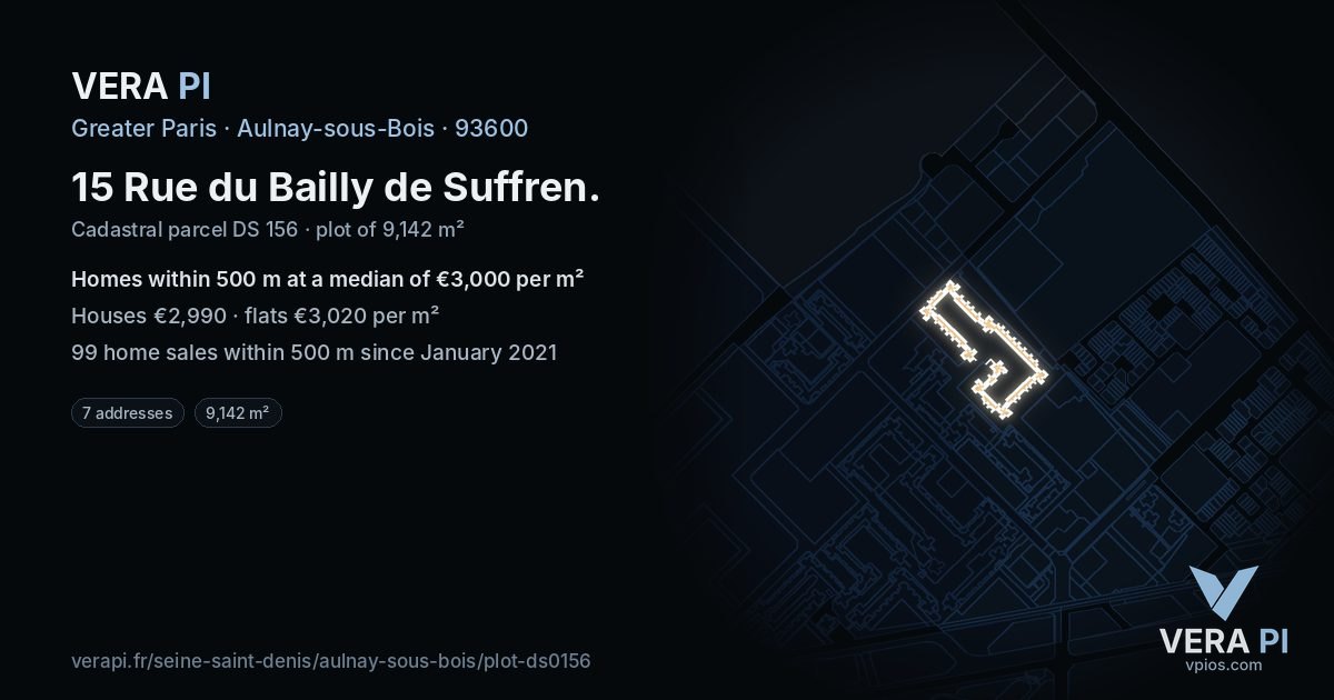 15 Rue du Bailly de Suffren, Aulnay-sous-Bois at night – the plot lit, the parcels around coloured by the prices near them