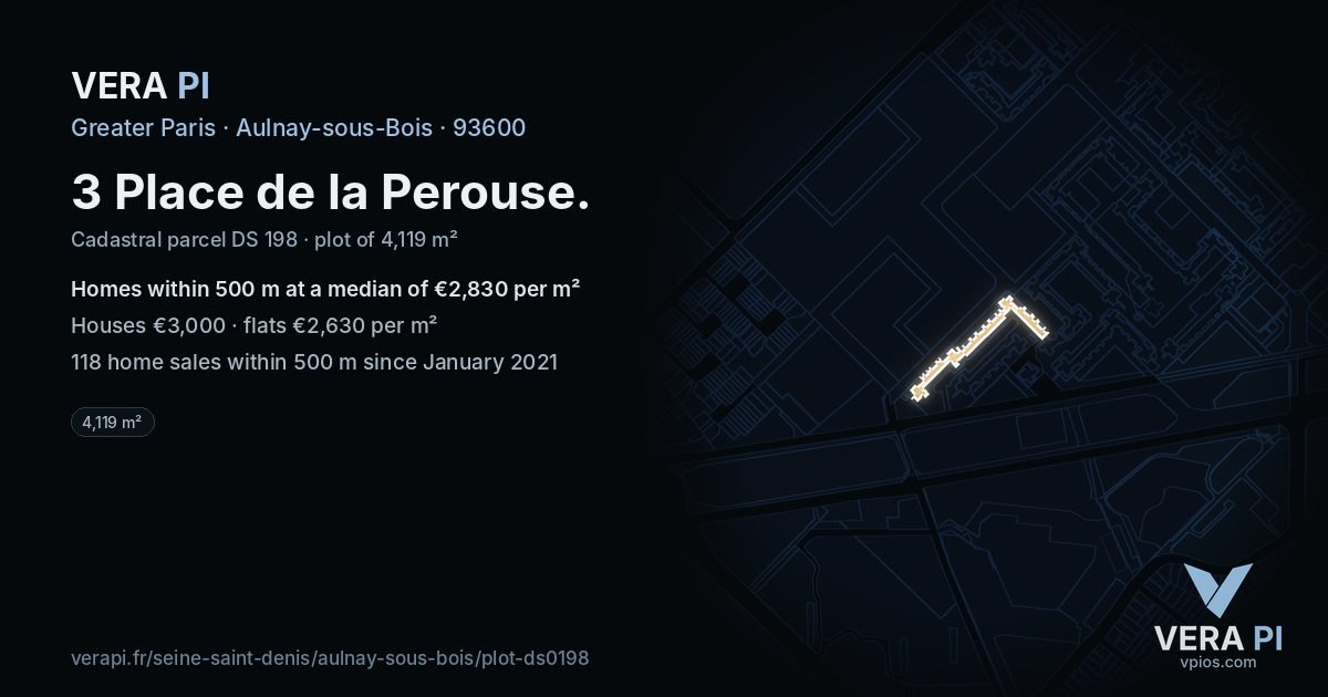 3 Place de la Perouse, Aulnay-sous-Bois at night – the plot lit, the parcels around coloured by the prices near them