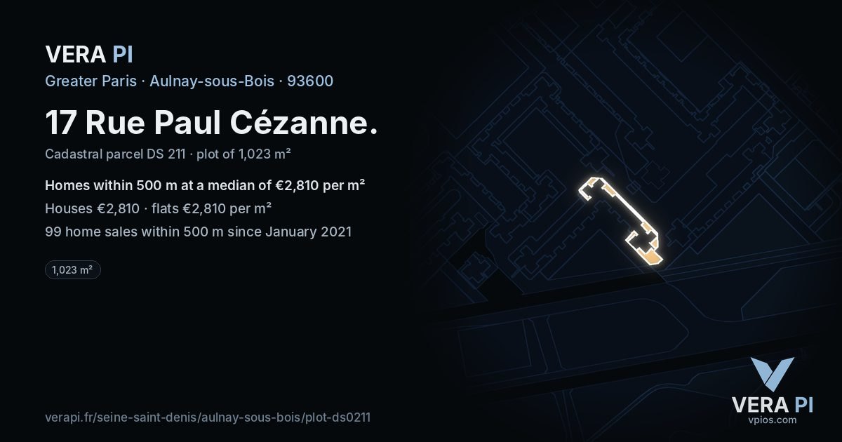 17 Rue Paul Cézanne, Aulnay-sous-Bois at night – the plot lit, the parcels around coloured by the prices near them