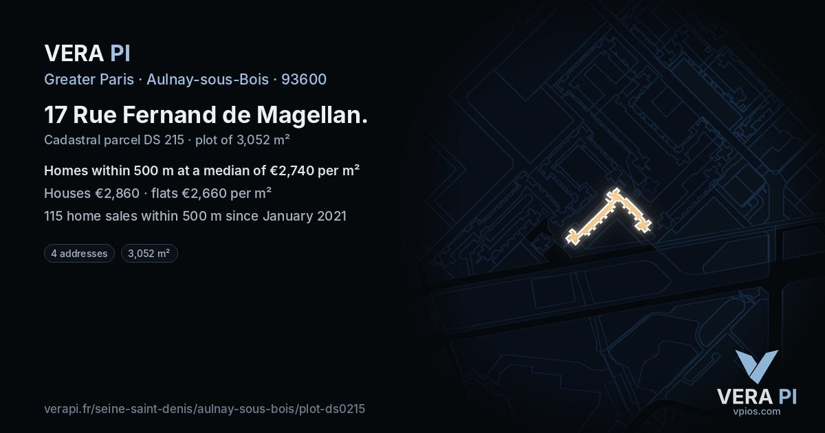 17 Rue Fernand de Magellan, Aulnay-sous-Bois at night – the plot lit, the parcels around coloured by the prices near them