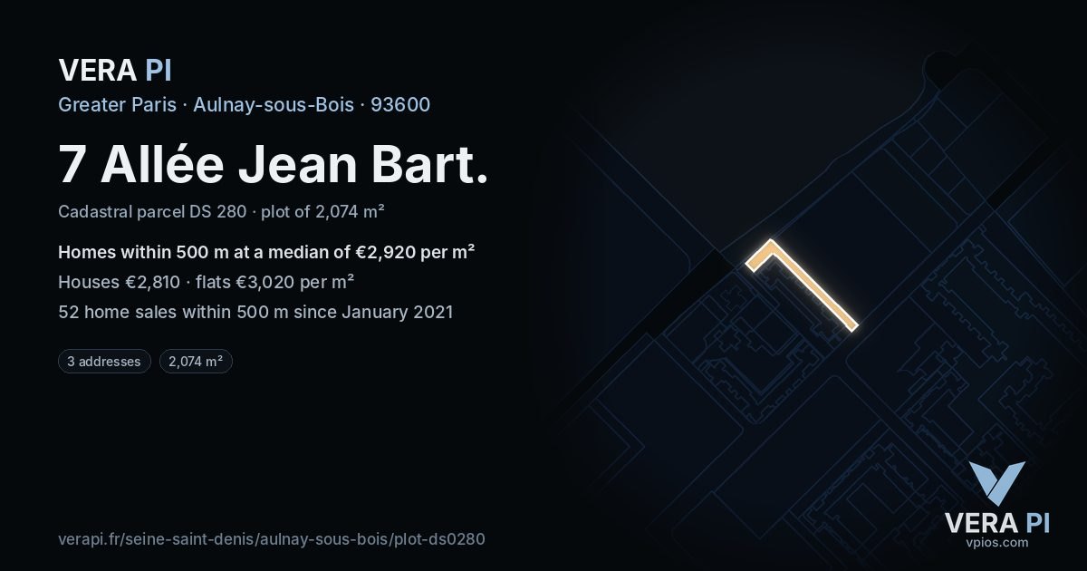 7 Allée Jean Bart, Aulnay-sous-Bois at night – the plot lit, the parcels around coloured by the prices near them