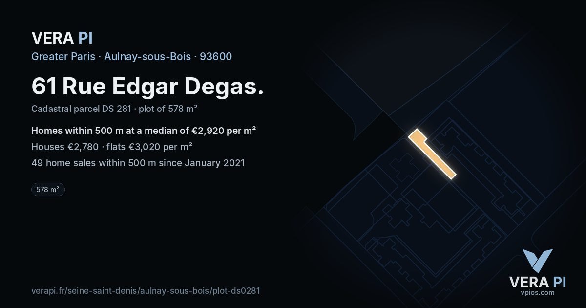 61 Rue Edgar Degas, Aulnay-sous-Bois at night – the plot lit, the parcels around coloured by the prices near them