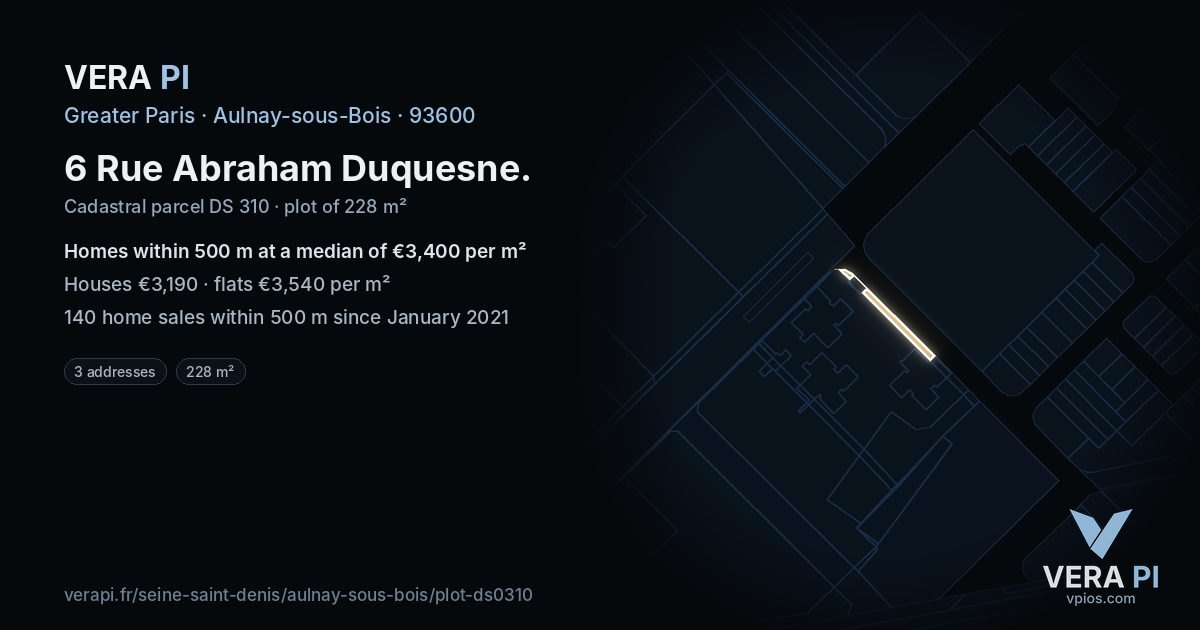 6 Rue Abraham Duquesne, Aulnay-sous-Bois at night – the plot lit, the parcels around coloured by the prices near them
