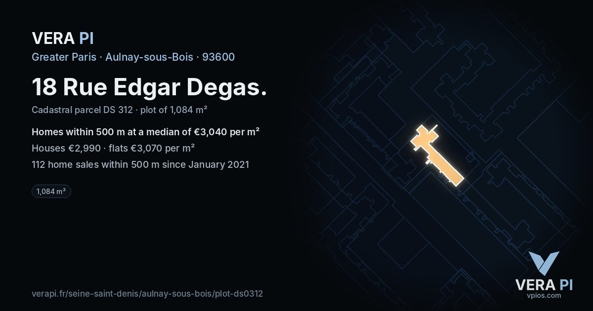 18 Rue Edgar Degas, Aulnay-sous-Bois at night – the plot lit, the parcels around coloured by the prices near them