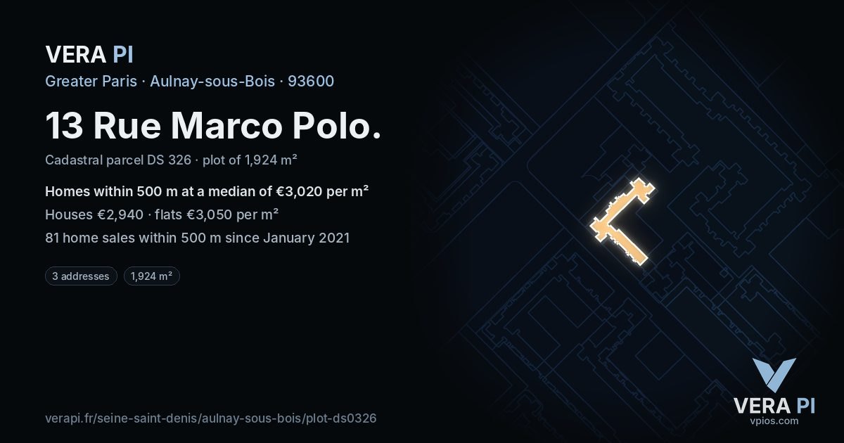 13 Rue Marco Polo, Aulnay-sous-Bois at night – the plot lit, the parcels around coloured by the prices near them