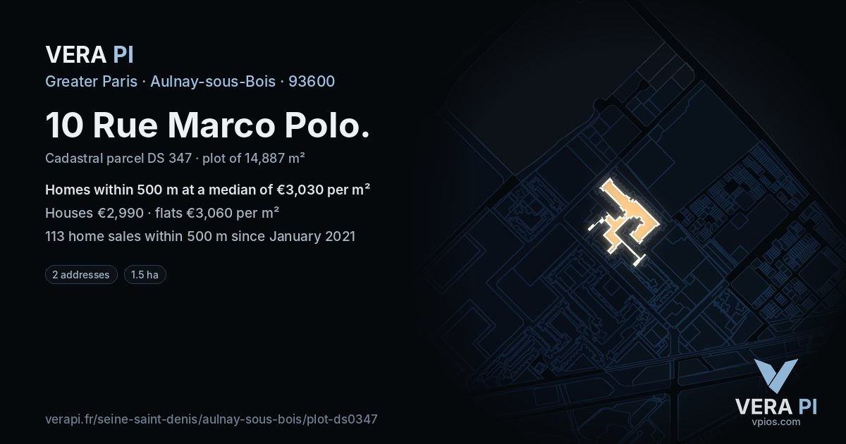 10 Rue Marco Polo, Aulnay-sous-Bois at night – the plot lit, the parcels around coloured by the prices near them