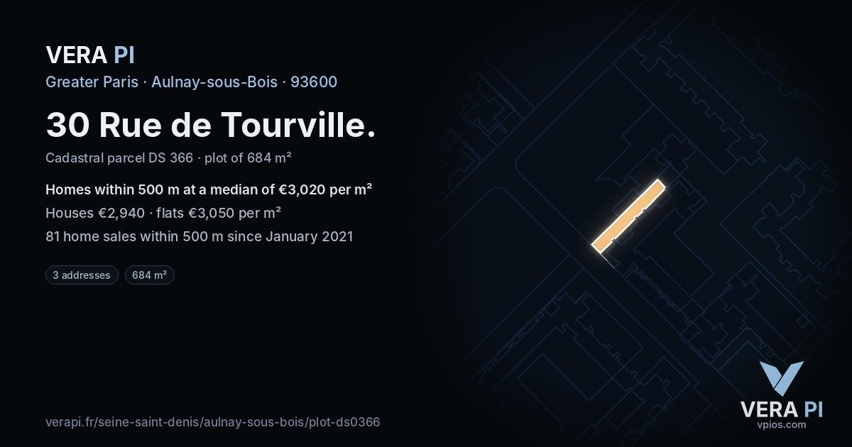30 Rue de Tourville, Aulnay-sous-Bois at night – the plot lit, the parcels around coloured by the prices near them