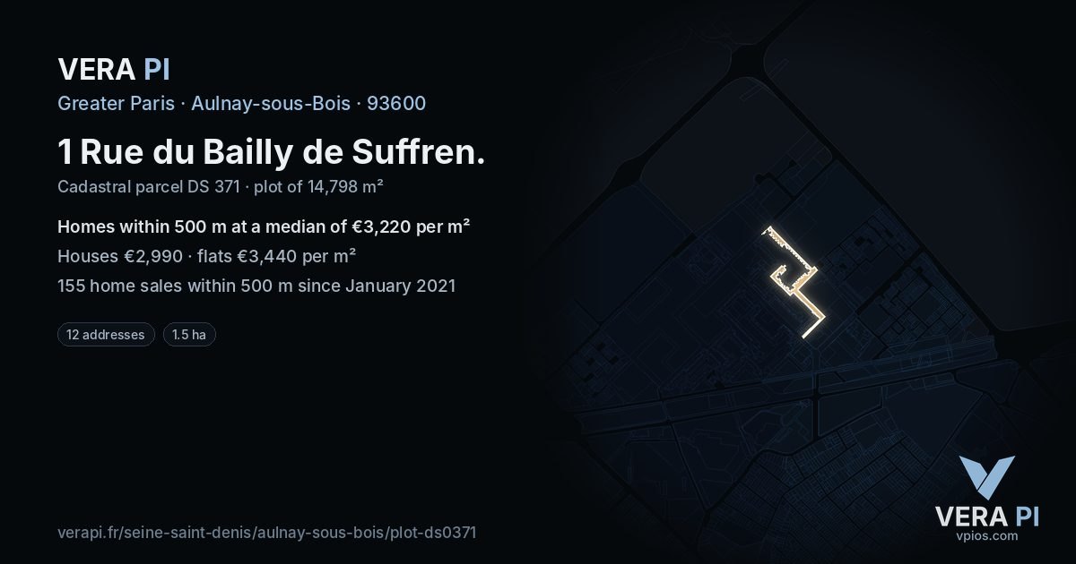 1 Rue du Bailly de Suffren, Aulnay-sous-Bois at night – the plot lit, the parcels around coloured by the prices near them