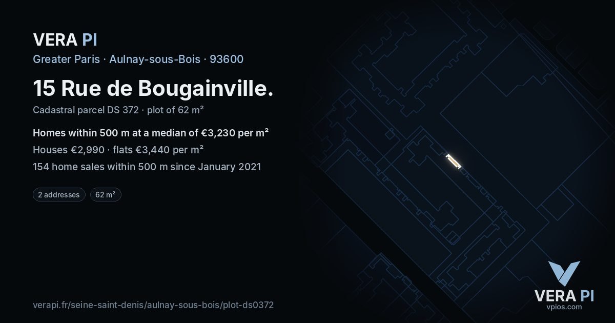 15 Rue de Bougainville, Aulnay-sous-Bois at night – the plot lit, the parcels around coloured by the prices near them