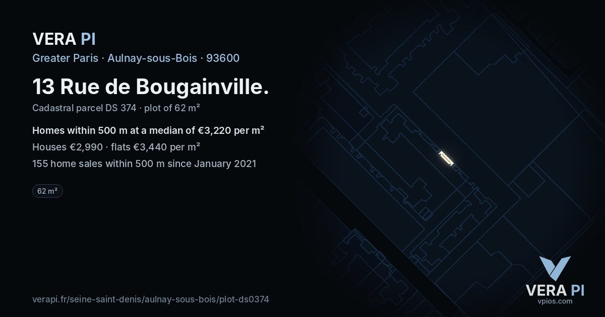 13 Rue de Bougainville, Aulnay-sous-Bois at night – the plot lit, the parcels around coloured by the prices near them