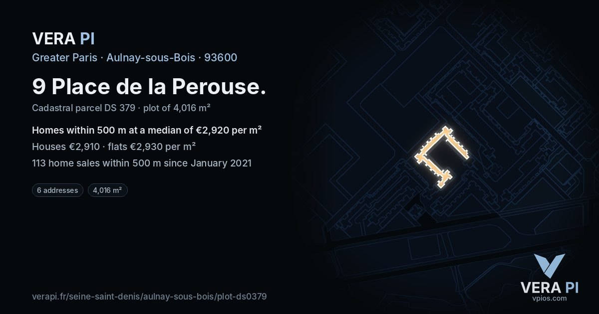 9 Place de la Perouse, Aulnay-sous-Bois at night – the plot lit, the parcels around coloured by the prices near them