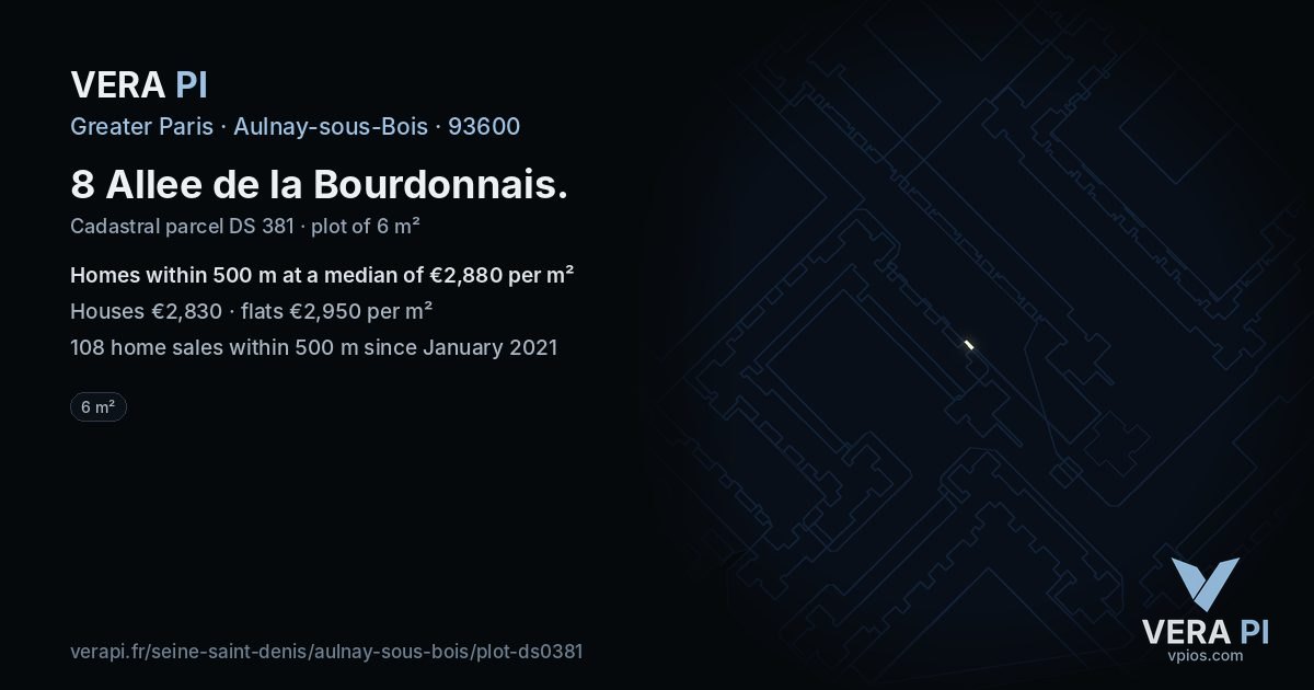 8 Allee de la Bourdonnais, Aulnay-sous-Bois at night – the plot lit, the parcels around coloured by the prices near them