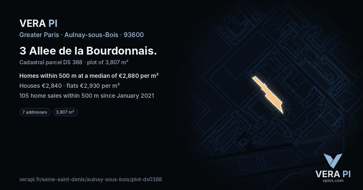 3 Allee de la Bourdonnais, Aulnay-sous-Bois at night – the plot lit, the parcels around coloured by the prices near them