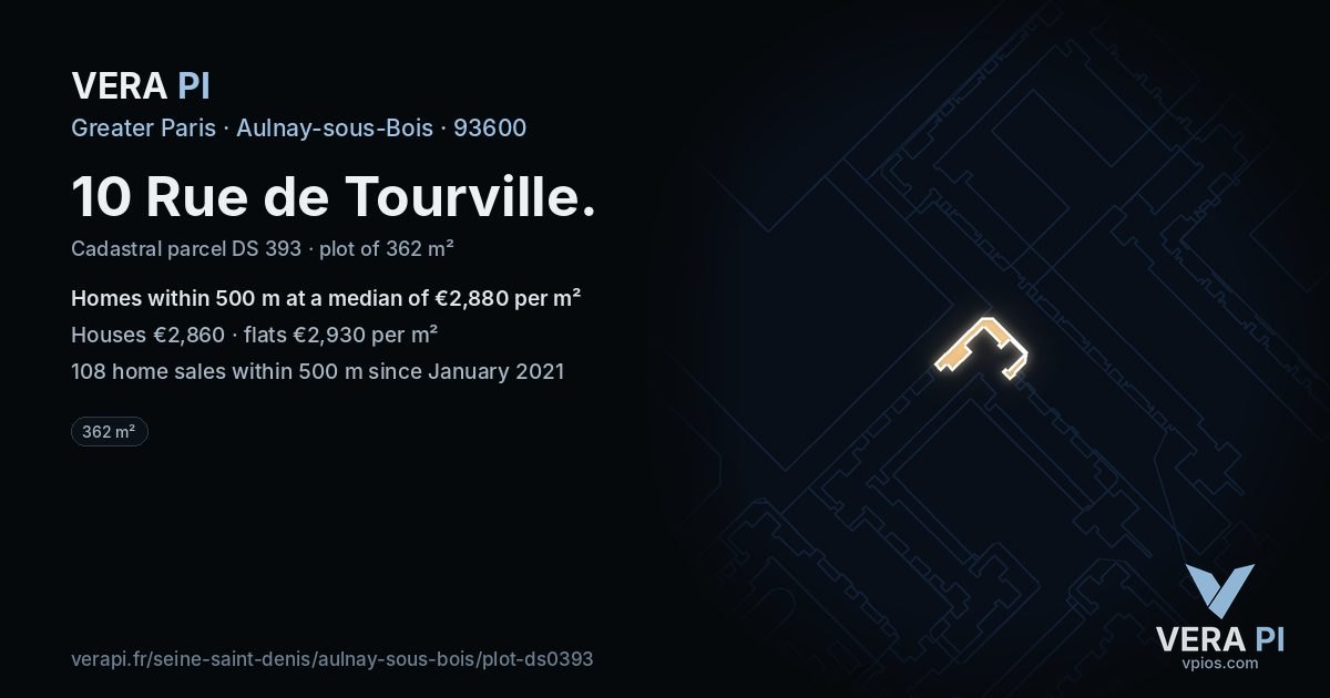 10 Rue de Tourville, Aulnay-sous-Bois at night – the plot lit, the parcels around coloured by the prices near them