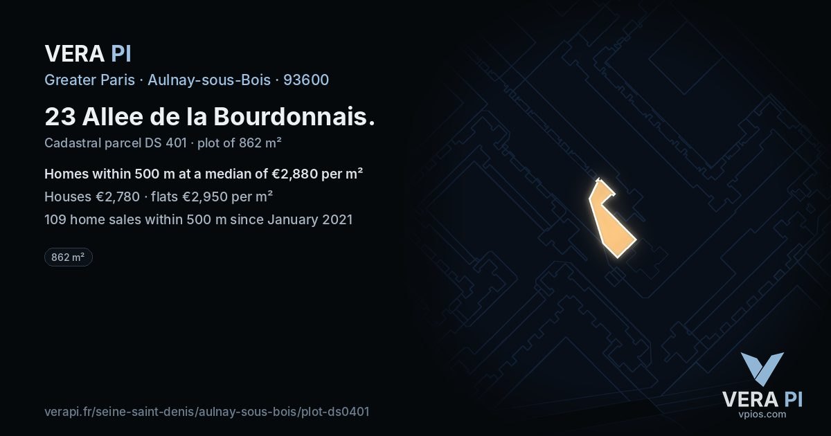 23 Allee de la Bourdonnais, Aulnay-sous-Bois at night – the plot lit, the parcels around coloured by the prices near them