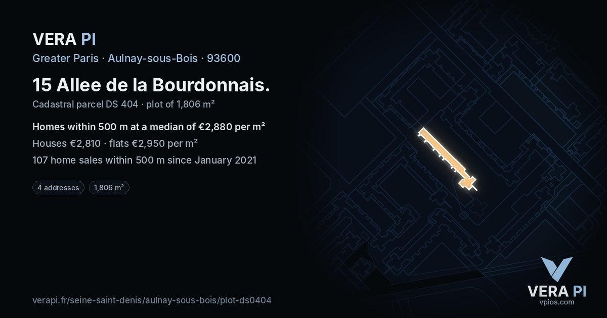 15 Allee de la Bourdonnais, Aulnay-sous-Bois at night – the plot lit, the parcels around coloured by the prices near them