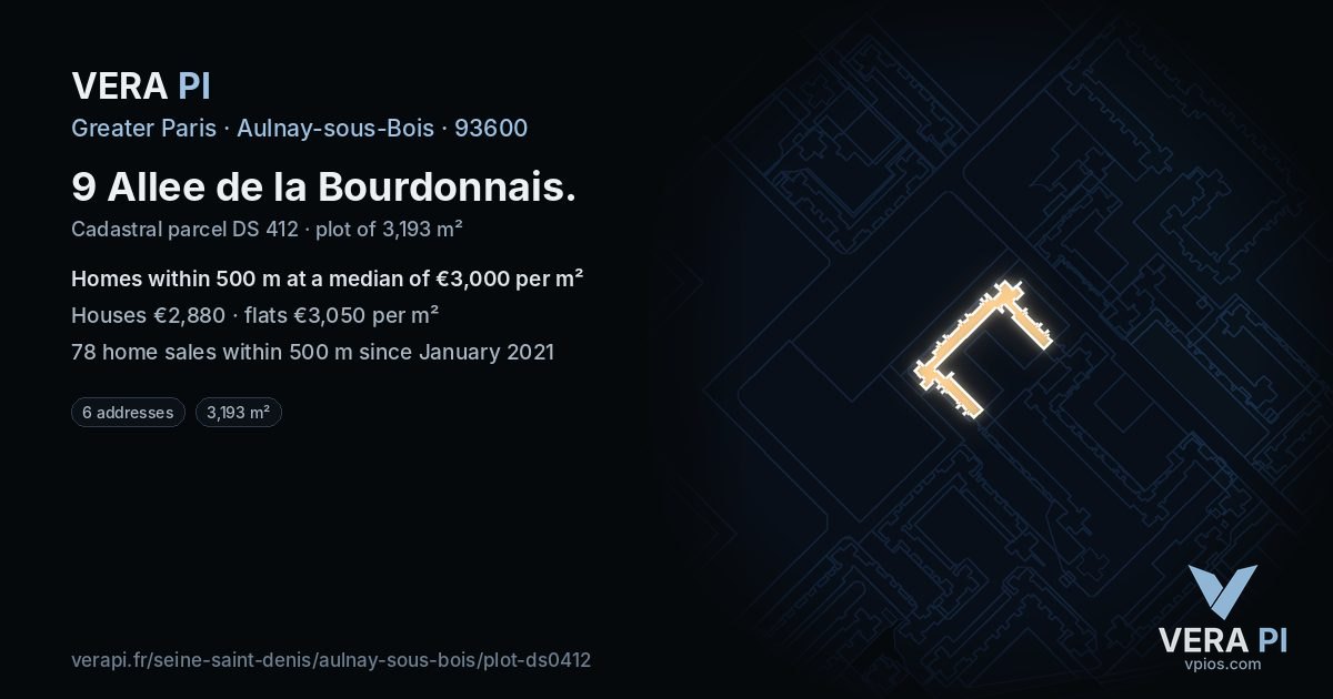 9 Allee de la Bourdonnais, Aulnay-sous-Bois at night – the plot lit, the parcels around coloured by the prices near them