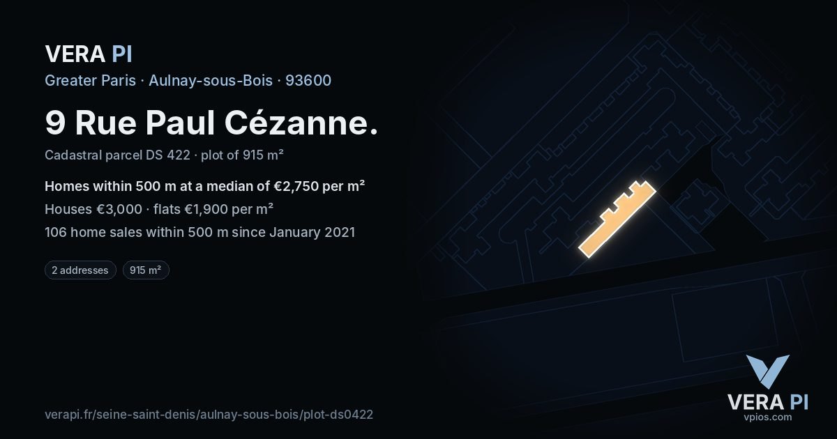9 Rue Paul Cézanne, Aulnay-sous-Bois at night – the plot lit, the parcels around coloured by the prices near them
