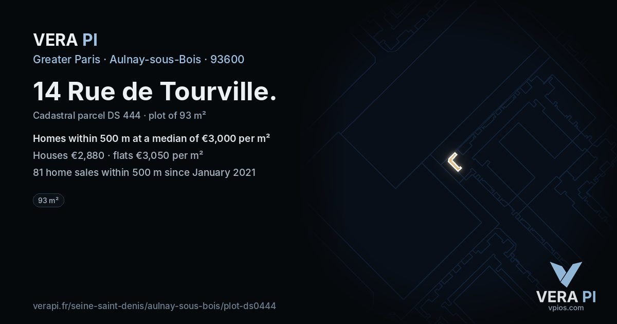 14 Rue de Tourville, Aulnay-sous-Bois at night – the plot lit, the parcels around coloured by the prices near them