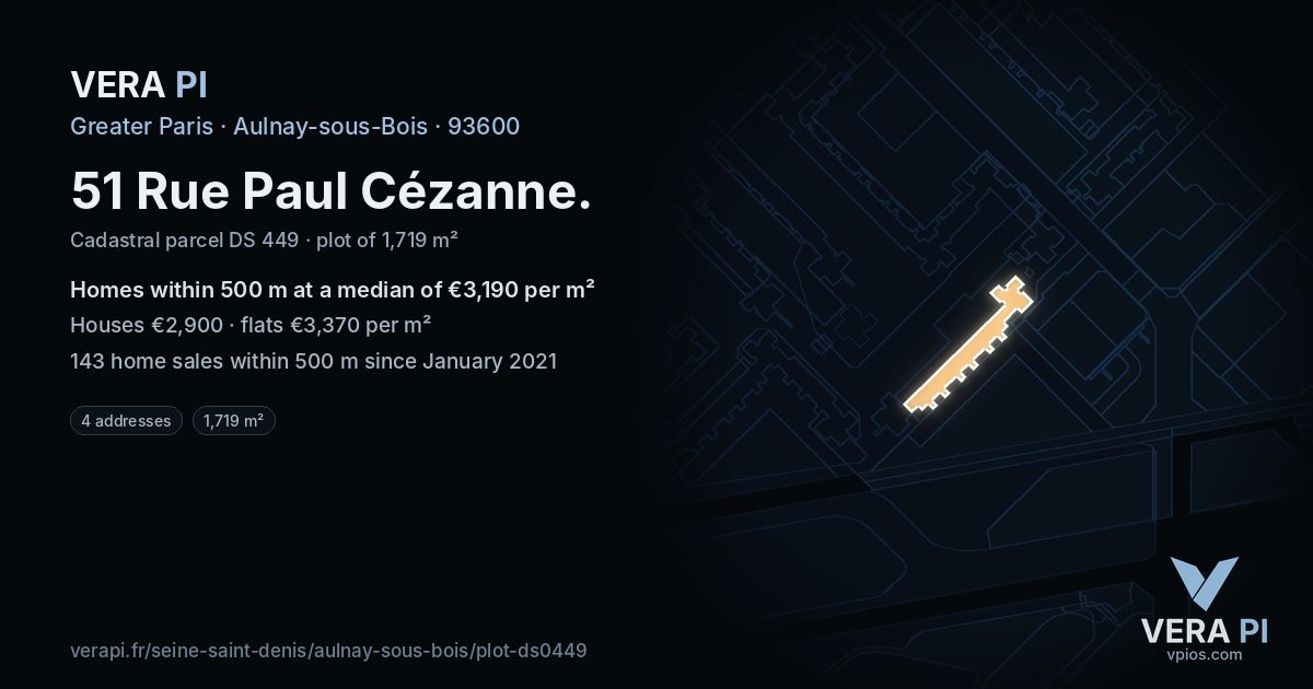 51 Rue Paul Cézanne, Aulnay-sous-Bois at night – the plot lit, the parcels around coloured by the prices near them