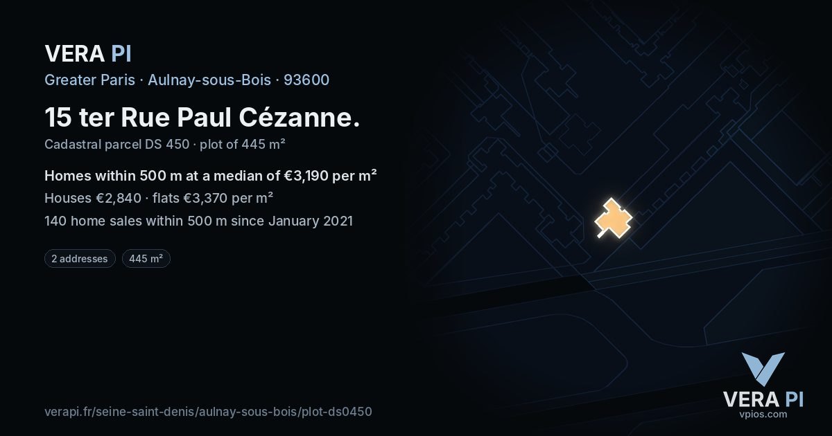 15 ter Rue Paul Cézanne, Aulnay-sous-Bois at night – the plot lit, the parcels around coloured by the prices near them