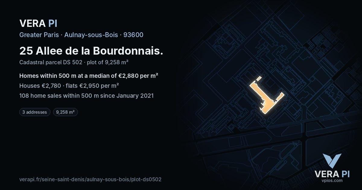 25 Allee de la Bourdonnais, Aulnay-sous-Bois at night – the plot lit, the parcels around coloured by the prices near them