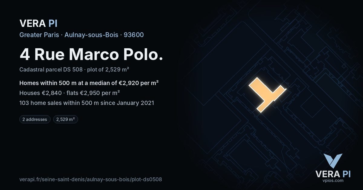 4 Rue Marco Polo, Aulnay-sous-Bois at night – the plot lit, the parcels around coloured by the prices near them