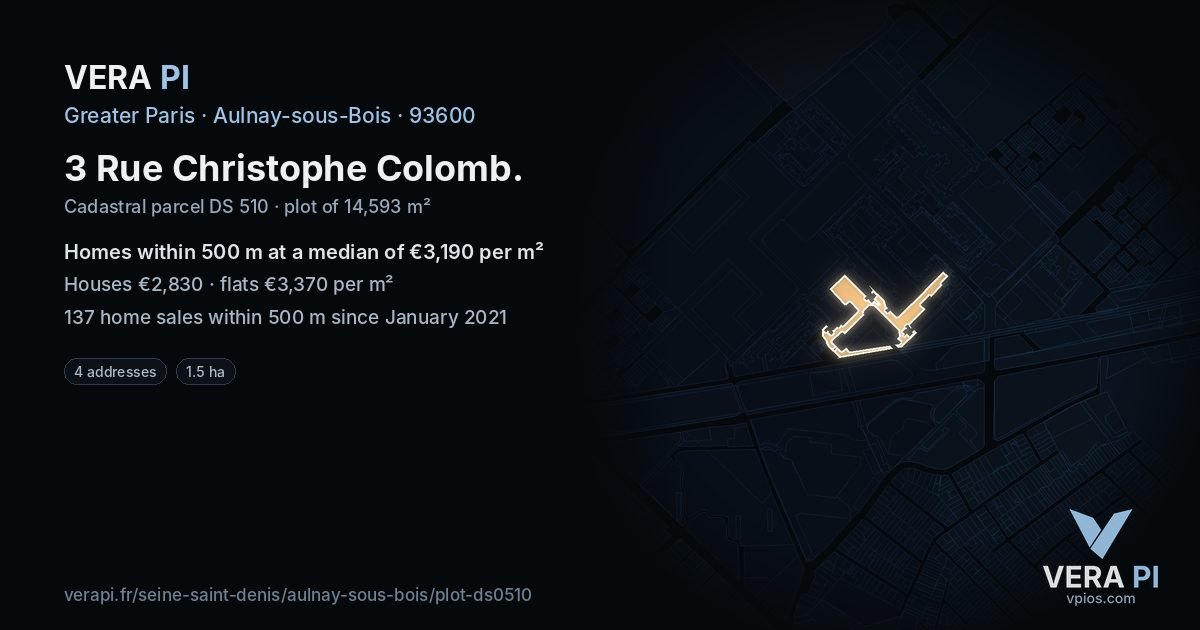 3 Rue Christophe Colomb, Aulnay-sous-Bois at night – the plot lit, the parcels around coloured by the prices near them