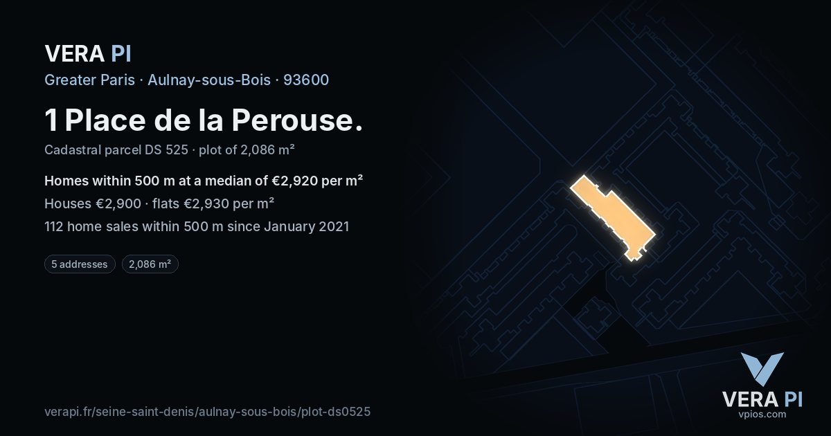 1 Place de la Perouse, Aulnay-sous-Bois at night – the plot lit, the parcels around coloured by the prices near them
