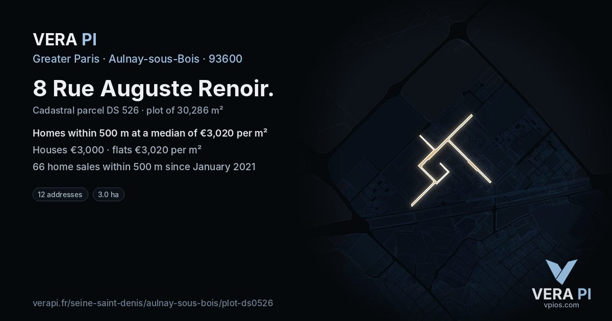 8 Rue Auguste Renoir, Aulnay-sous-Bois at night – the plot lit, the parcels around coloured by the prices near them