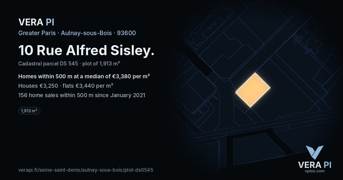 10 Rue Alfred Sisley, Aulnay-sous-Bois at night – the plot lit, the parcels around coloured by the prices near them