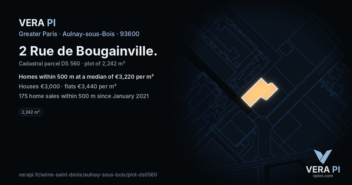 2 Rue de Bougainville, Aulnay-sous-Bois at night – the plot lit, the parcels around coloured by the prices near them