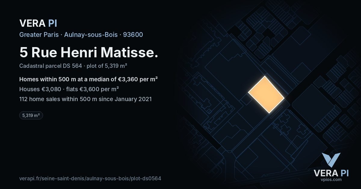 5 Rue Henri Matisse, Aulnay-sous-Bois at night – the plot lit, the parcels around coloured by the prices near them