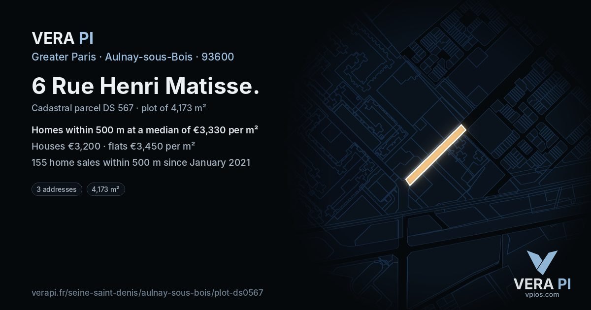 6 Rue Henri Matisse, Aulnay-sous-Bois at night – the plot lit, the parcels around coloured by the prices near them