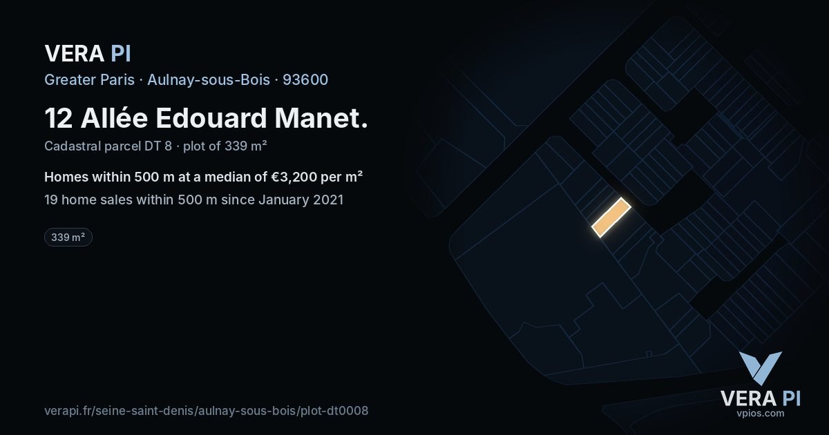 12 Allée Edouard Manet, Aulnay-sous-Bois at night – the plot lit, the parcels around coloured by the prices near them