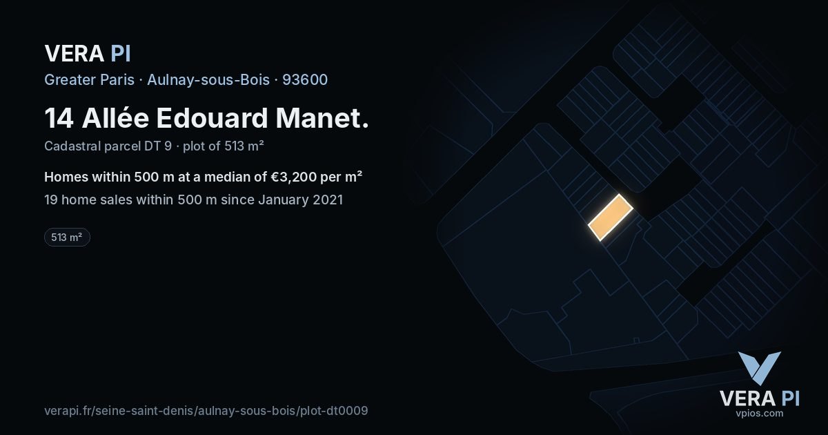 14 Allée Edouard Manet, Aulnay-sous-Bois at night – the plot lit, the parcels around coloured by the prices near them