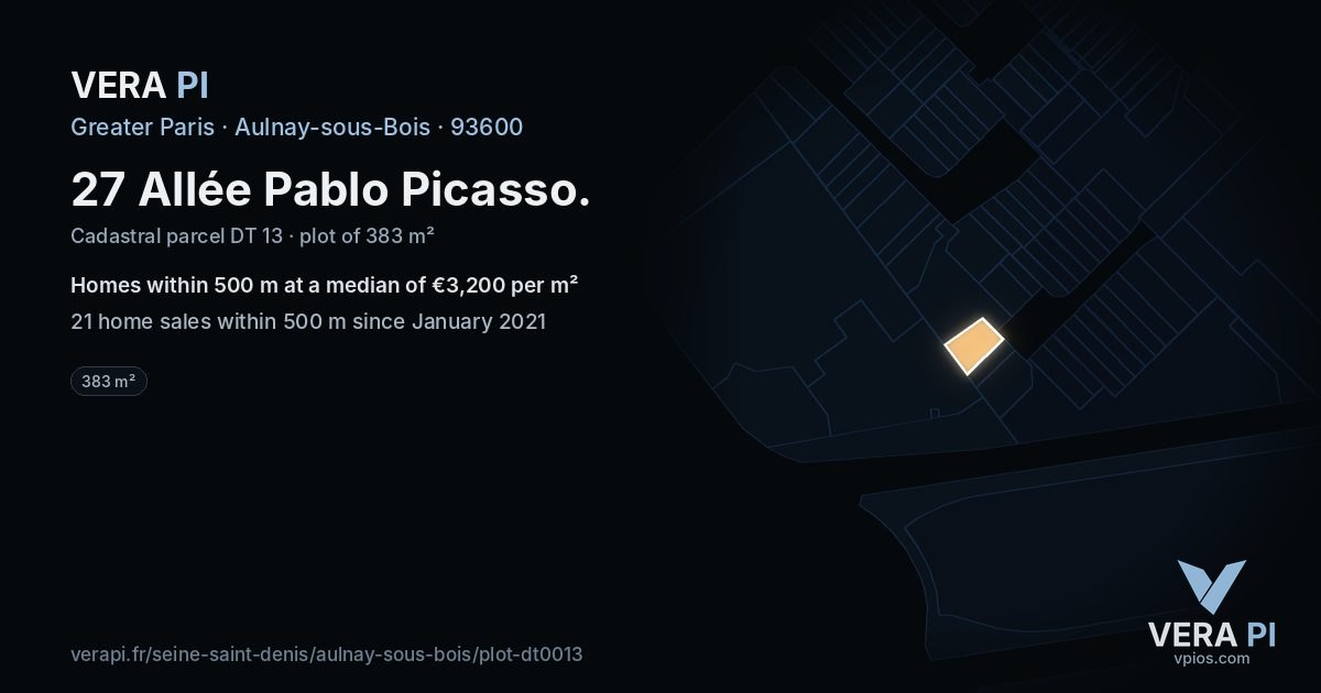 27 Allée Pablo Picasso, Aulnay-sous-Bois at night – the plot lit, the parcels around coloured by the prices near them