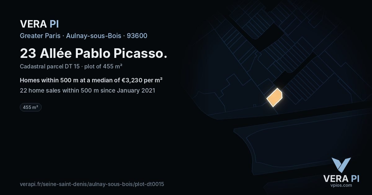 23 Allée Pablo Picasso, Aulnay-sous-Bois at night – the plot lit, the parcels around coloured by the prices near them