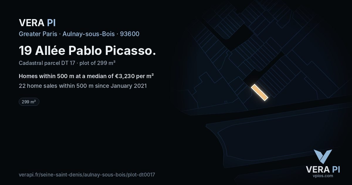 19 Allée Pablo Picasso, Aulnay-sous-Bois at night – the plot lit, the parcels around coloured by the prices near them