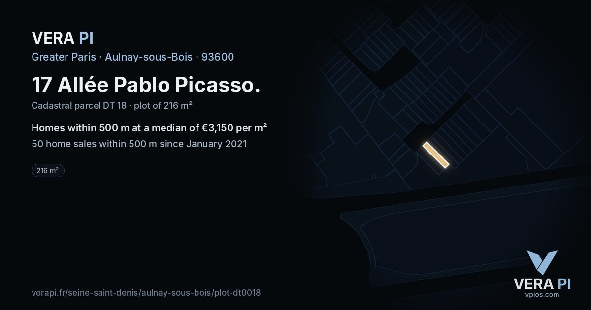 17 Allée Pablo Picasso, Aulnay-sous-Bois at night – the plot lit, the parcels around coloured by the prices near them