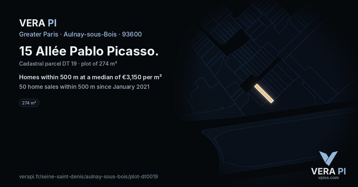 15 Allée Pablo Picasso, Aulnay-sous-Bois at night – the plot lit, the parcels around coloured by the prices near them