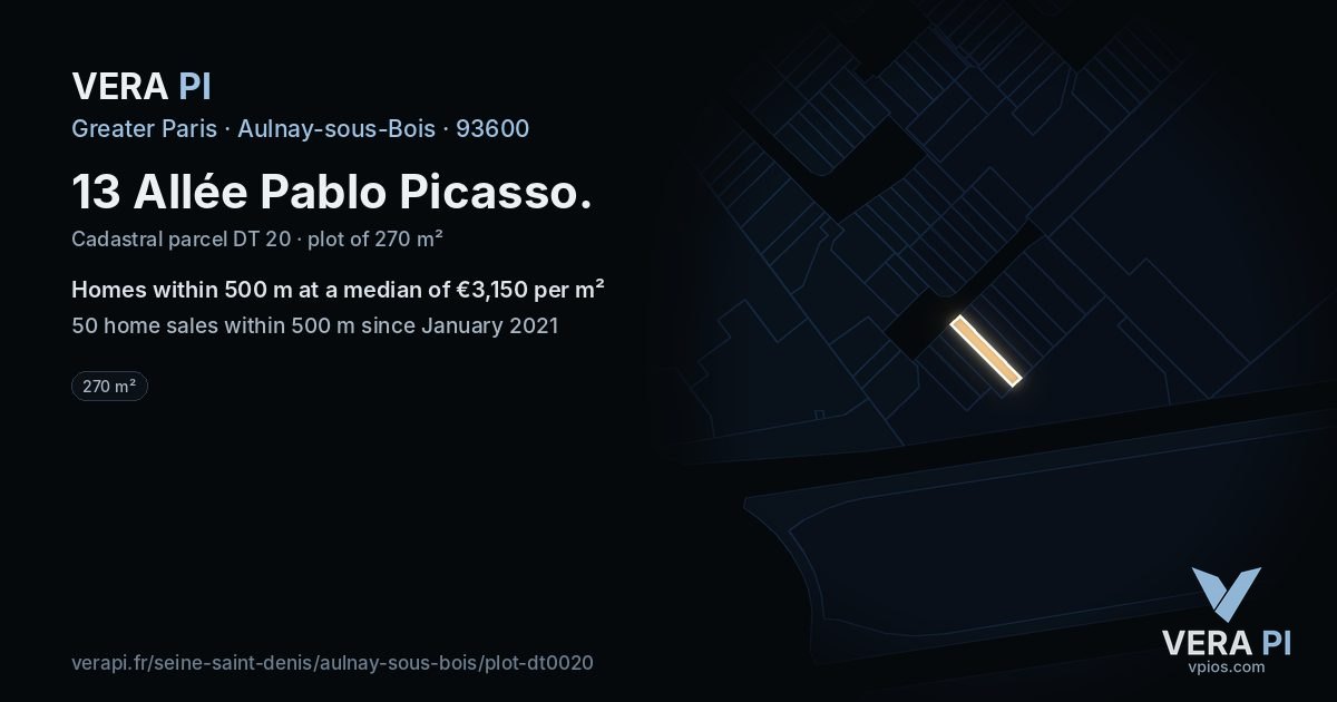 13 Allée Pablo Picasso, Aulnay-sous-Bois at night – the plot lit, the parcels around coloured by the prices near them