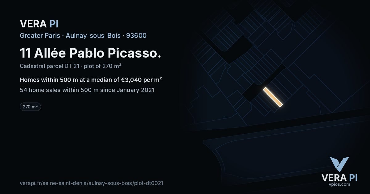 11 Allée Pablo Picasso, Aulnay-sous-Bois at night – the plot lit, the parcels around coloured by the prices near them